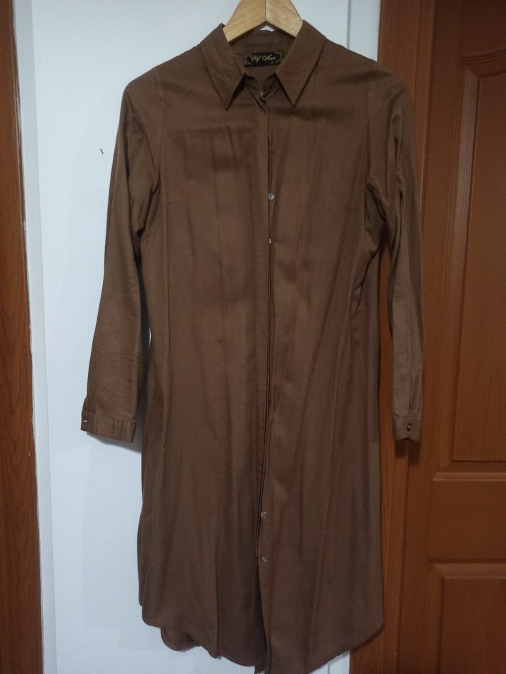 Düğmeli Kahverengi Keten Kadın Gömlek - Görsel 2