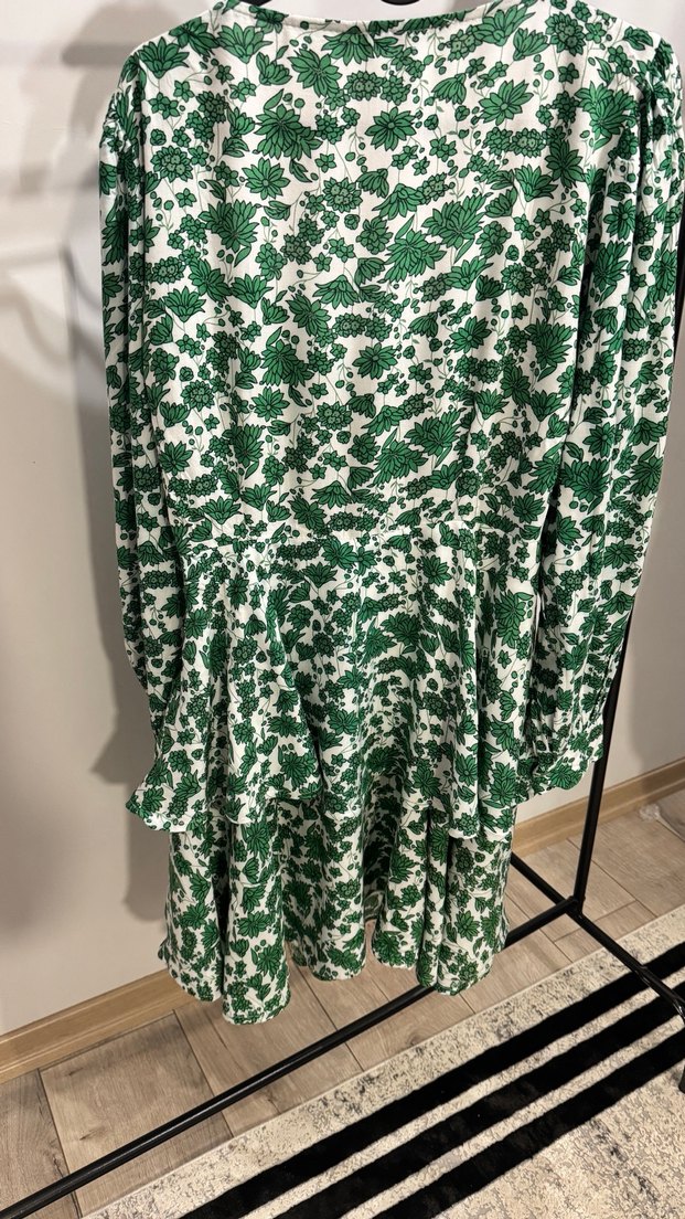 Yeşil Uzun Kollu Çiçek Desenli Bohem Elbise - Görsel 4