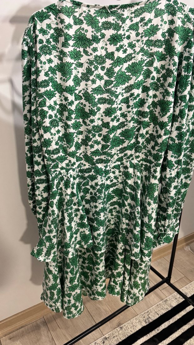 Yeşil Uzun Kollu Çiçek Desenli Bohem Elbise - Görsel 5