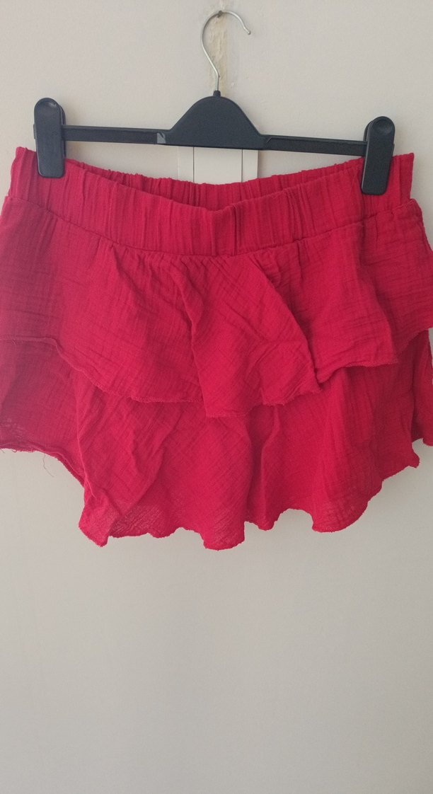 Kırmızı Fırfırlı Mini müslin sort etek - Görsel 2