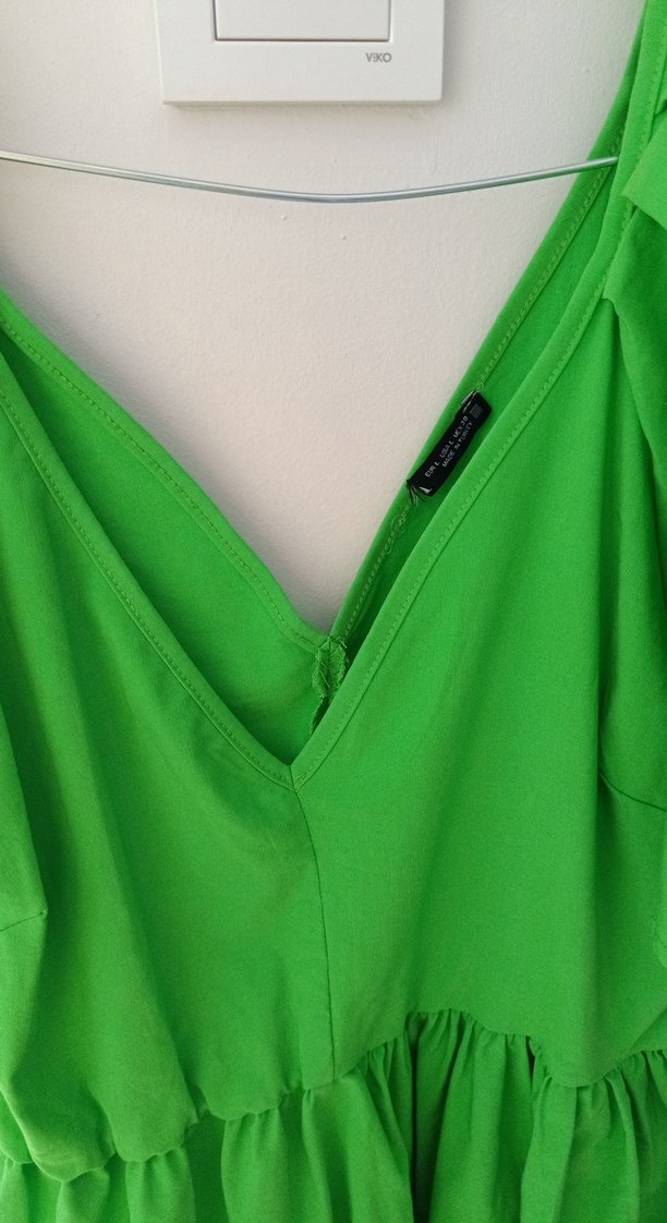 Yeşil Drapeli Mini V Yaka Kadın elbise - Görsel 3