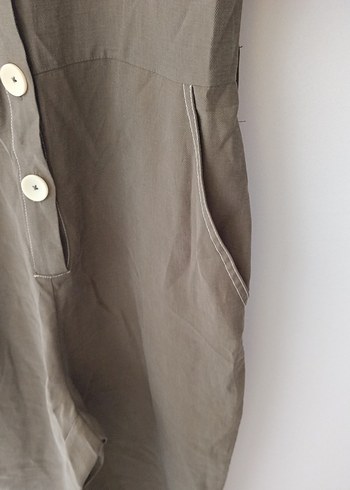 Düğmeli haki Kadın Keten Tulum - Görsel 5