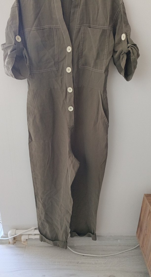 Düğmeli haki Kadın Keten Tulum - Görsel 4