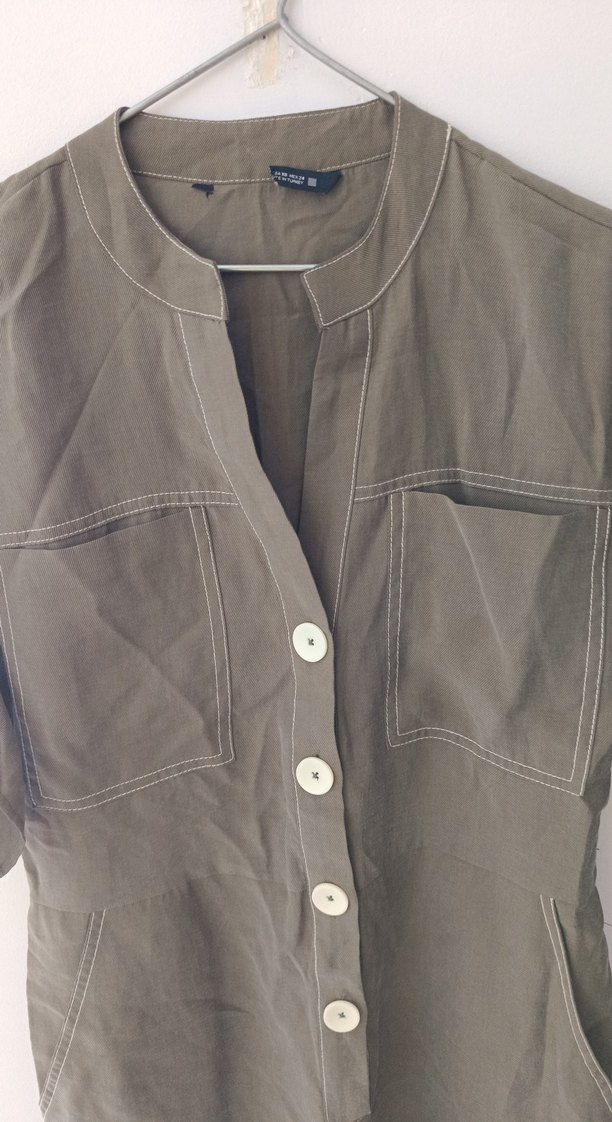 Düğmeli haki Kadın Keten Tulum - Görsel 2