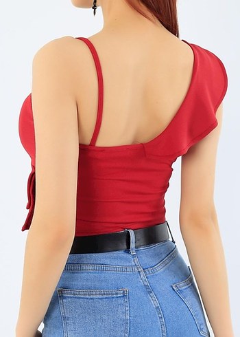 Xint Asimetrik Tek Omuz Kırmızı Crop Top volanlı