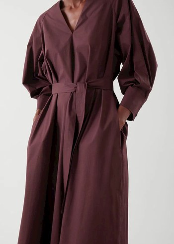 Bordo V Yakalı Kemerli Uzun Kadın Elbise - Görsel 5