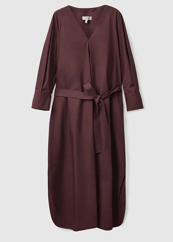 Bordo V Yakalı Kemerli Uzun Kadın Elbise - Görsel 4