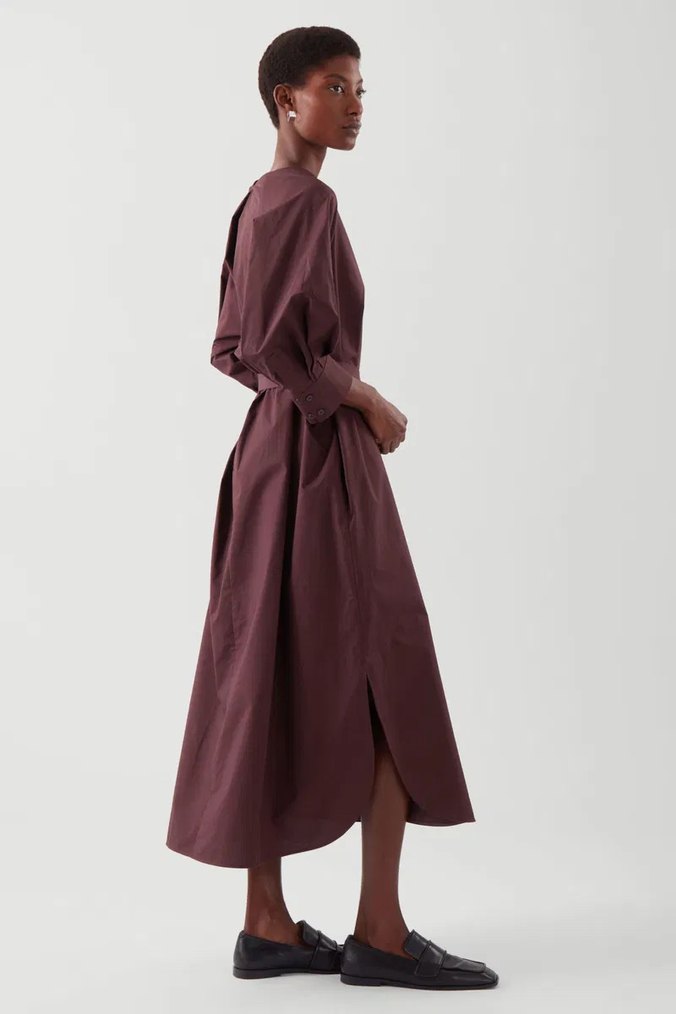 Bordo V Yakalı Kemerli Uzun Kadın Elbise - Görsel 2