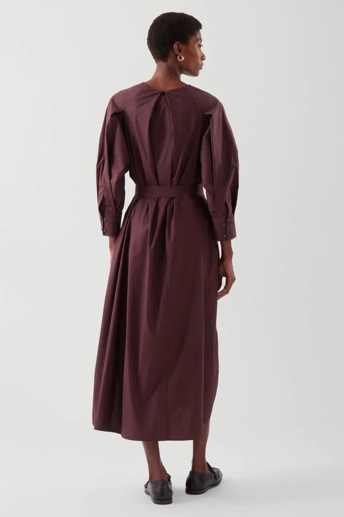 Bordo V Yakalı Kemerli Uzun Kadın Elbise - Görsel 3