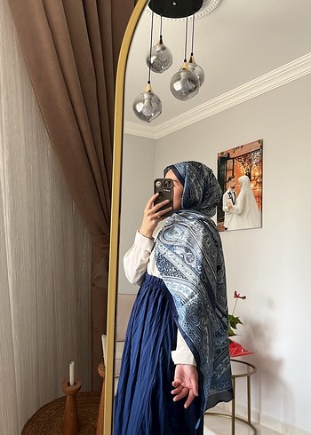 Beden İpek Dokulu Bohem Tarzı Gri-Mavi Kadın Şal