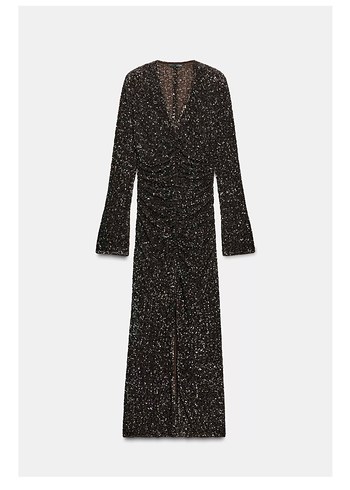 Zara Pullu Siyah Uzun Kollu V Yaka Elbise - Görsel 2