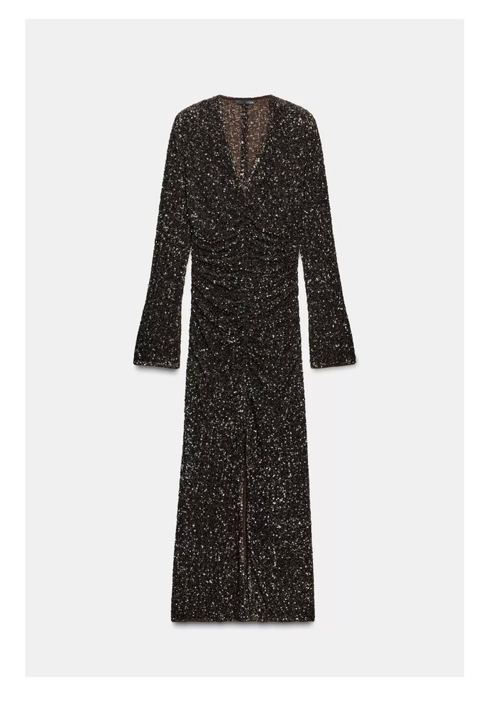 Zara Pullu Siyah Uzun Kollu V Yaka Elbise - Görsel 2