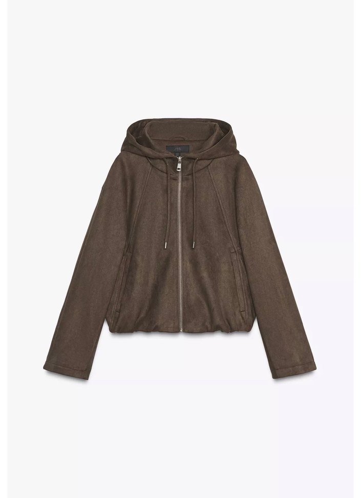 Zara Kadın Kahverengi Süet Kapüşonlu Ceket - Görsel 4
