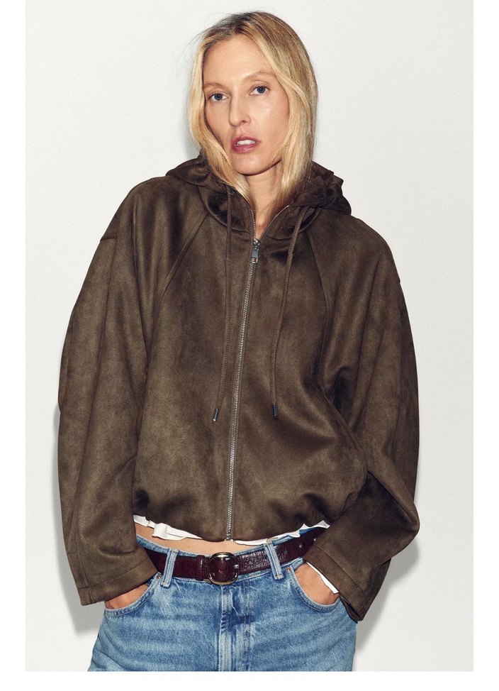 Zara Kadın Kahverengi Süet Kapüşonlu Ceket - Görsel 2