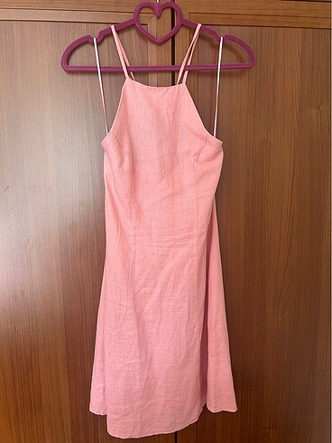 Koton Pembe Halter Yaka Keten Elbise Arkası Çapraz