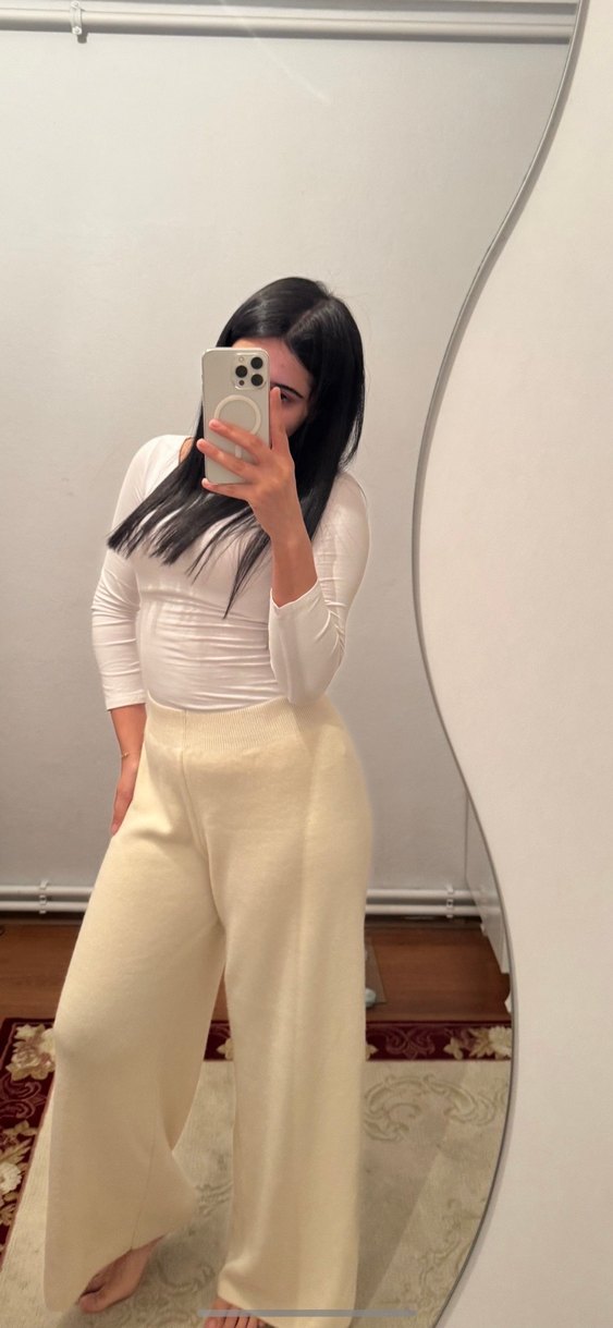 Beyaz Midi Kadın İspanyol Paça Pantolon - Görsel 2