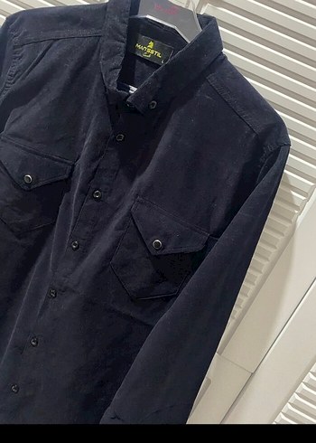 Siyah Süet Erkek Gömlek, Uzun Kollu, Düğmeli - Görsel 2