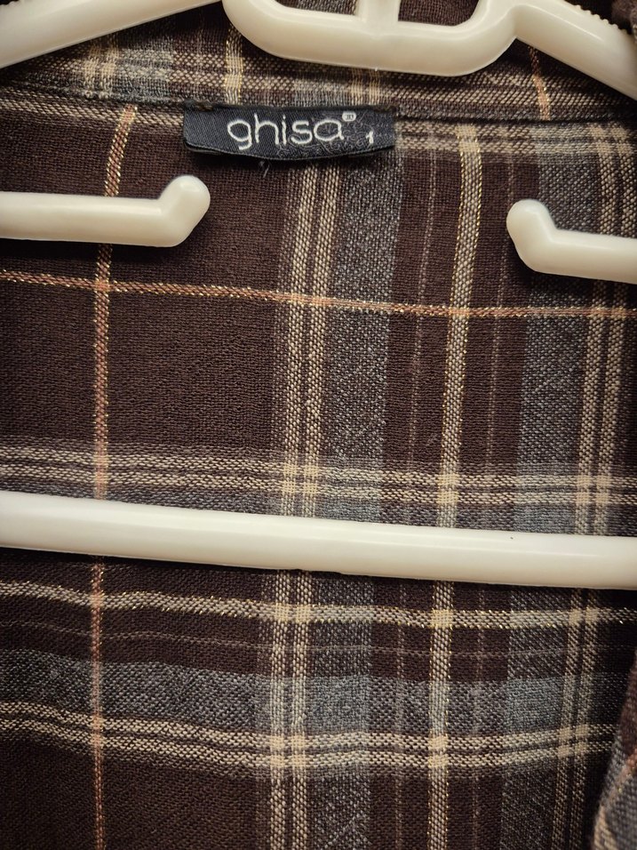 Düğmeli Uzun Kahverengi Ekose Gömlek - Görsel 2