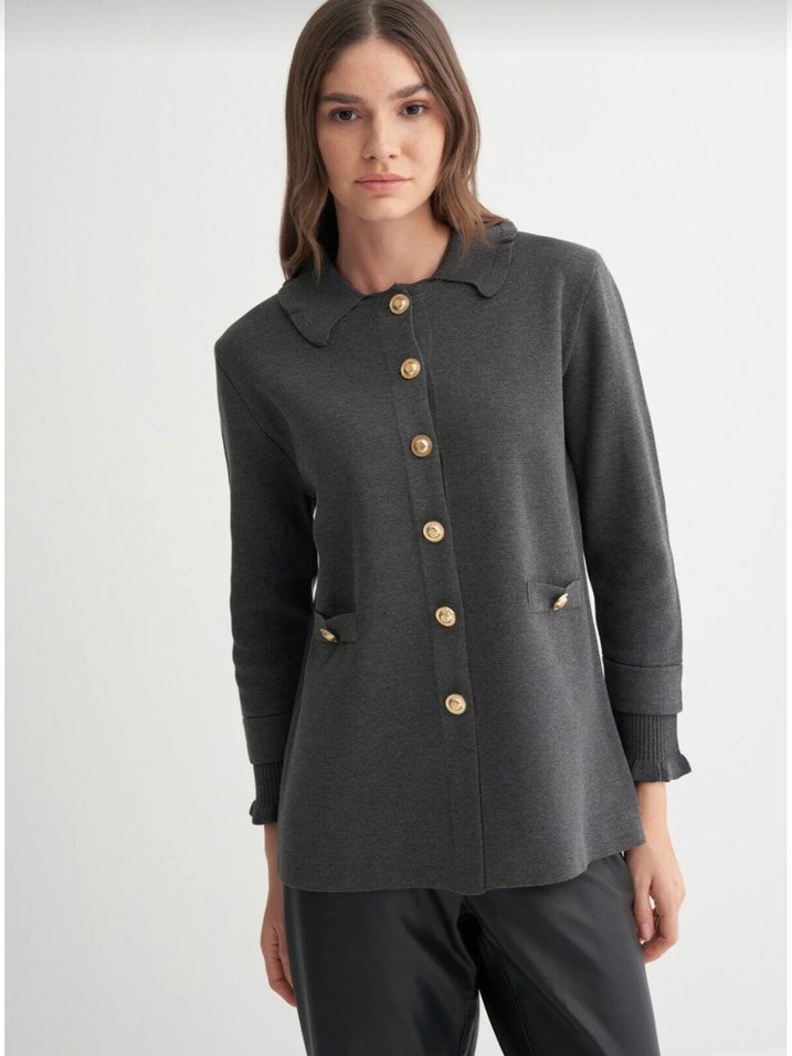 Düğmeli Gri Kadın Yün Ceket - Görsel 3