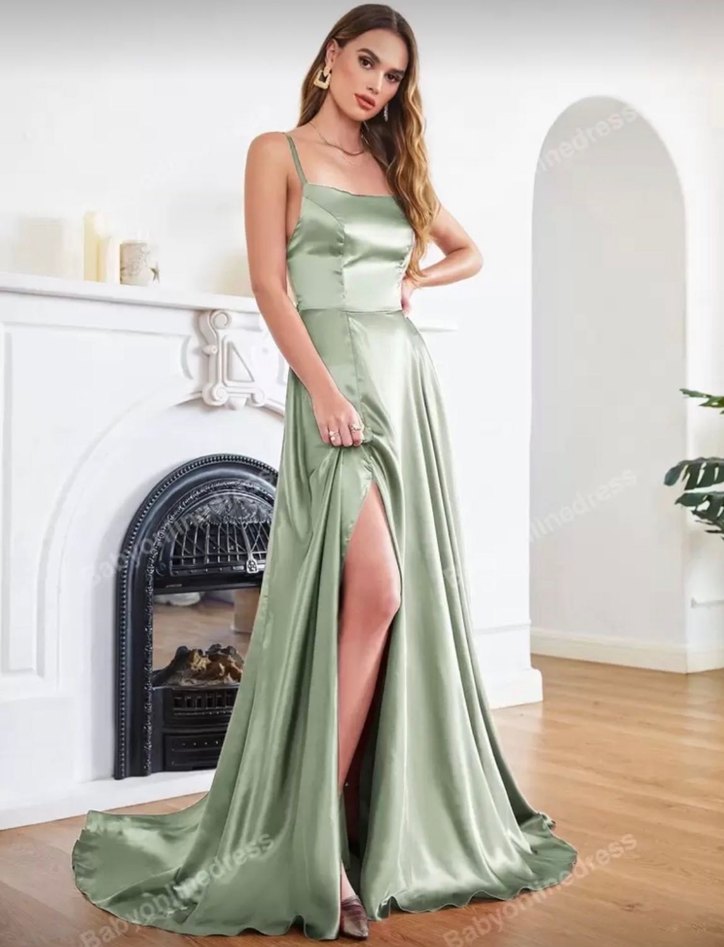 saten mint yeşili Uzun Askılı Kadın Abiye Elbise - Görsel 4