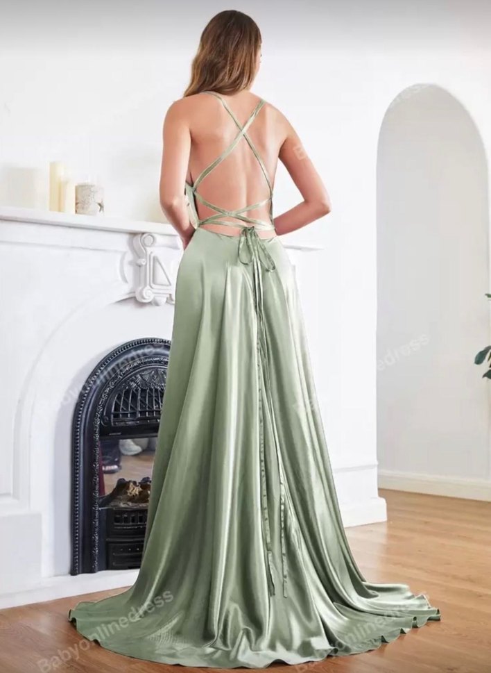 saten mint yeşili Uzun Askılı Kadın Abiye Elbise - Görsel 3