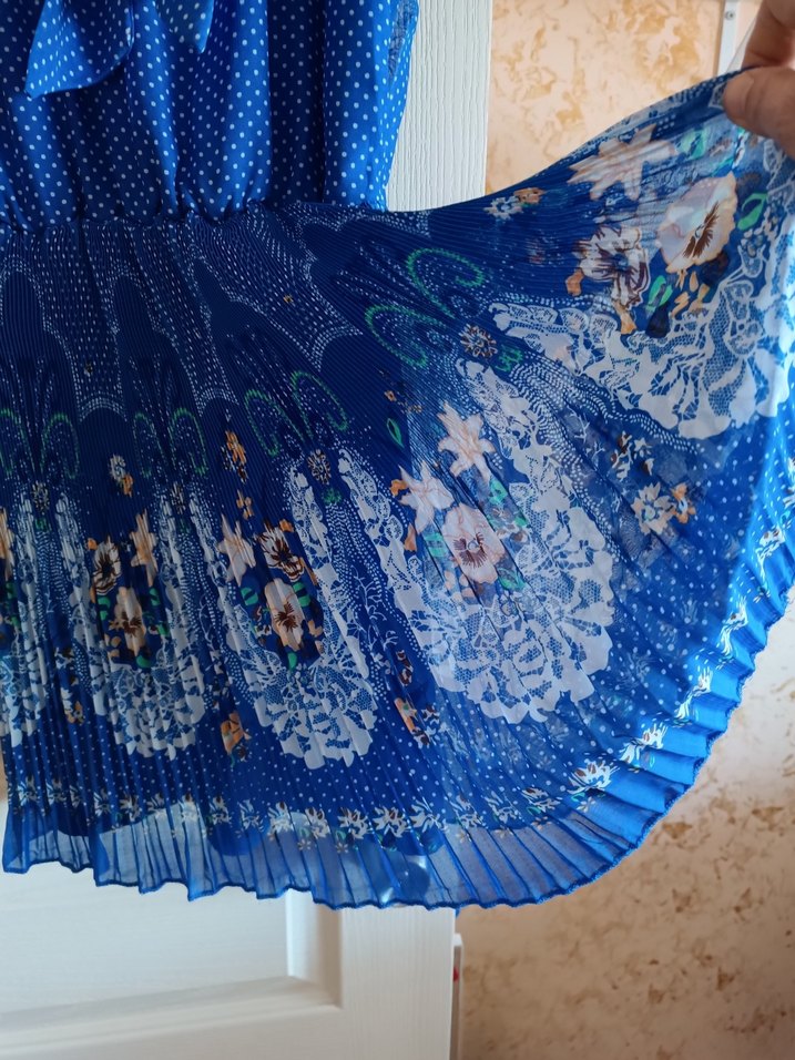 Mavi Piliseli Bohem kısa Abiye Elbise - Görsel 3