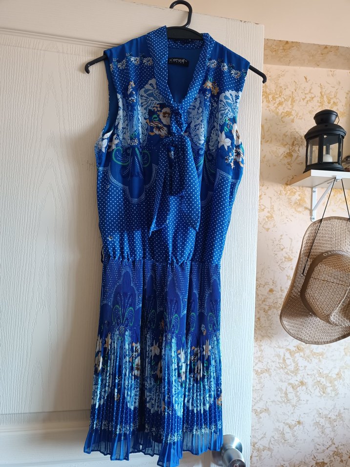 Mavi Piliseli Bohem kısa Abiye Elbise - Görsel 5