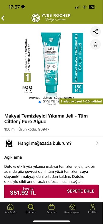 YVES ROCHER MAKYAJ TEMİZLEYİCİ YIKAMA JELİ