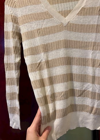 V Yaka Bej Çizgili Kadın Triko - Görsel 5