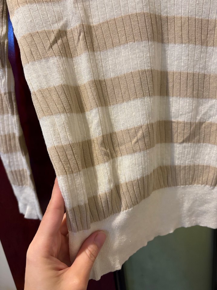 V Yaka Bej Çizgili Kadın Triko - Görsel 4