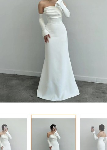Uzun Kollu Beyaz Minimalist Gelinlik