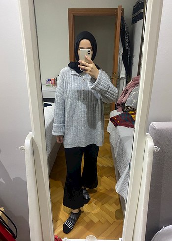 Düğmeli Gri Yün Kadın Kazak - Görsel 4