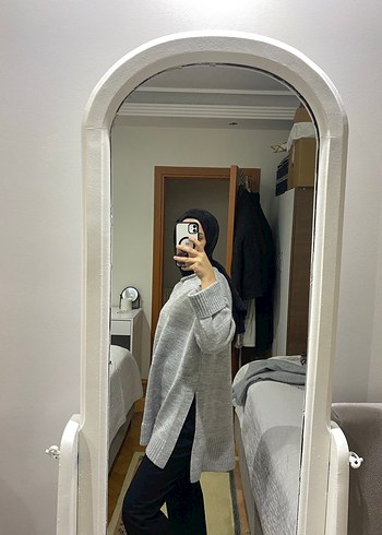 Gri Yüksek Yakalı Salaş Triko Kadın Kazak - Görsel 3