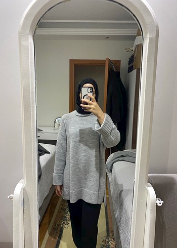 Gri Yüksek Yakalı Salaş Triko Kadın Kazak - Görsel 4