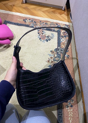 Siyah Deri Yılan Desenli Tokalı Çanta - Görsel 3