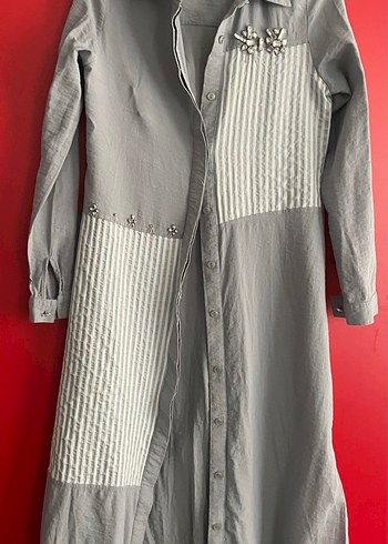 Gri Uzun Düğmeli Nakışlı tunik - Görsel 6