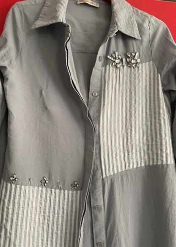 Gri Uzun Düğmeli Nakışlı tunik - Görsel 2