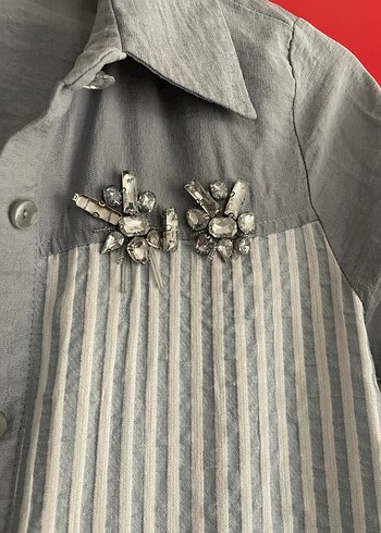 Gri Uzun Düğmeli Nakışlı tunik - Görsel 3