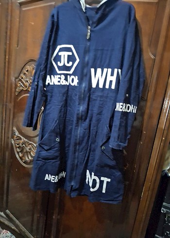 Diğer Kapüşonlu Uzun Mavi Denim Kadın Ceket