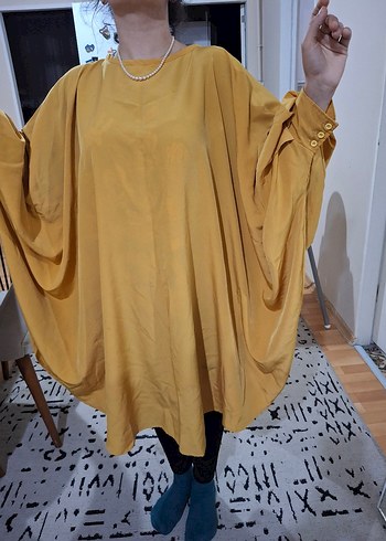 Sarı Drapeli Midi Kadın Tunik - Görsel 3