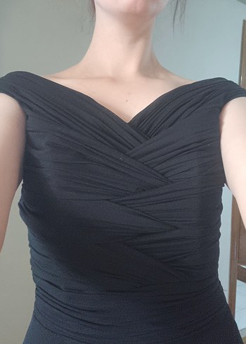 Siyah V Yaka Drapeli Midi Abiye Elbise - Görsel 2