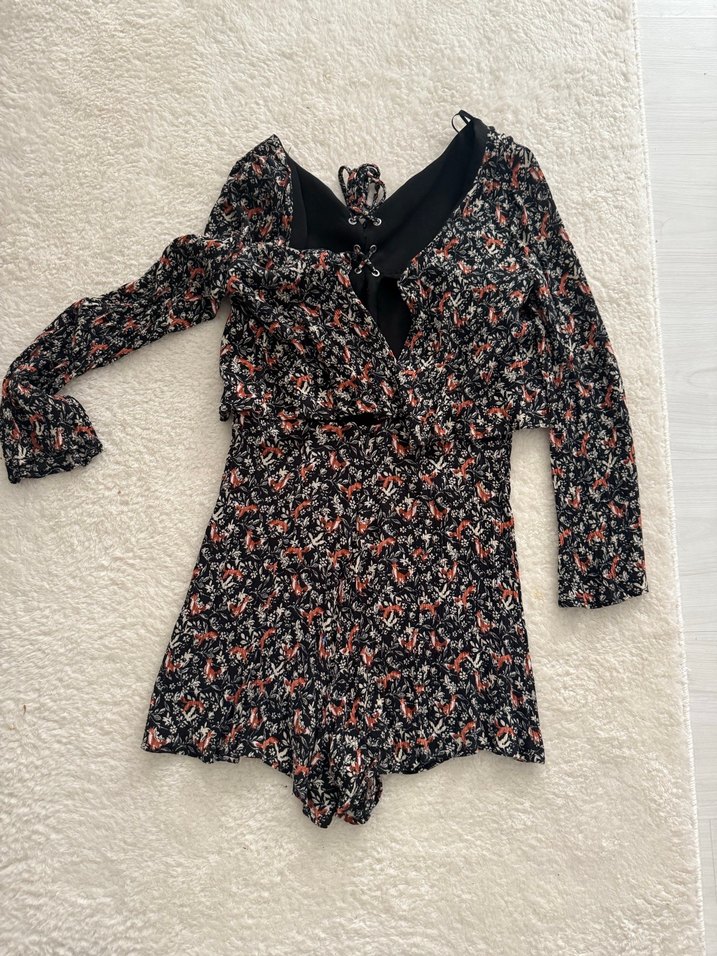 Uzun Kollu V Yaka Kadın Mini Tulum - Görsel 3