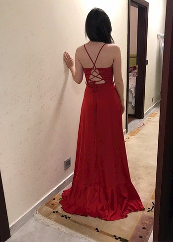 Kırmızı Drapeli Uzun Abiye Elbise - Görsel 2