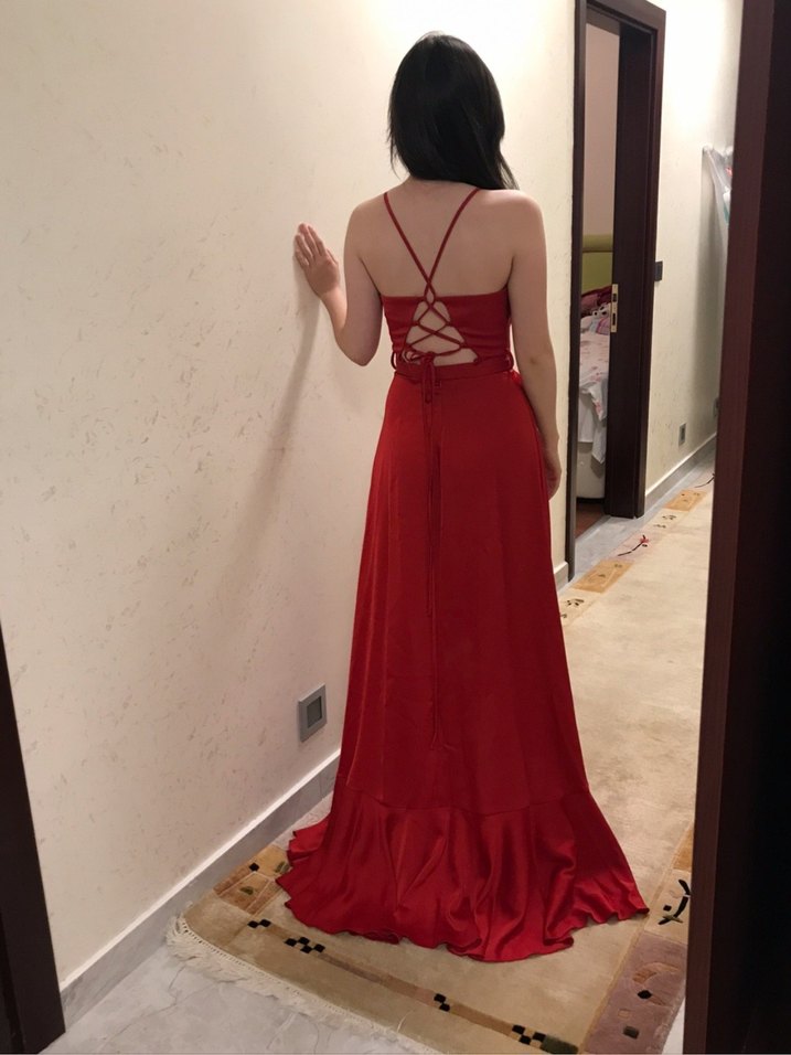 Kırmızı Drapeli Uzun Abiye Elbise - Görsel 2