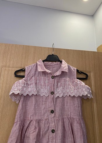 Pembe Kız Çocuk Keten Düğmeli Elbise - Görsel 2