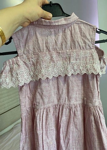 Pembe Kız Çocuk Keten Düğmeli Elbise - Görsel 3