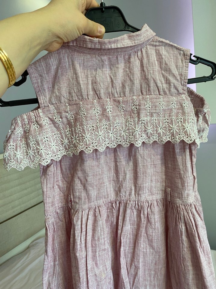 Pembe Kız Çocuk Keten Düğmeli Elbise - Görsel 3