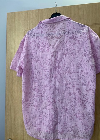 Pembe Batik Desenli Kısa Kollu Keten Gömlek - Görsel 4