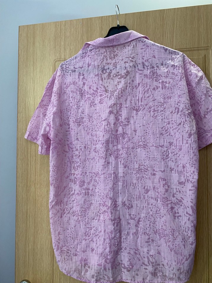 Pembe Batik Desenli Kısa Kollu Keten Gömlek - Görsel 4
