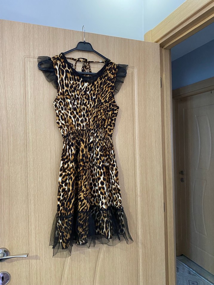 Kürk Detaylı Leopar Desenli Mini Elbise - Görsel 3